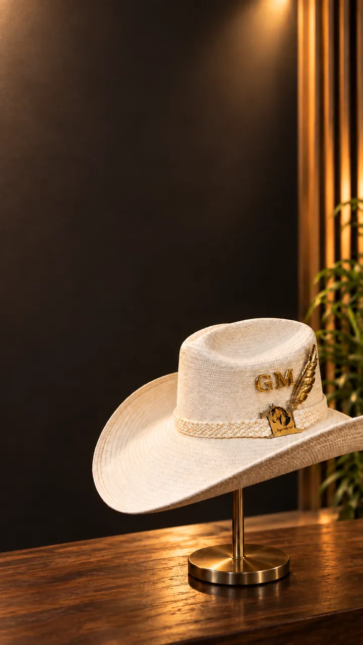 Sombrero claro tejido con letras GM, pluma y placa doradas, sobre una base de latón en una mesa de madera