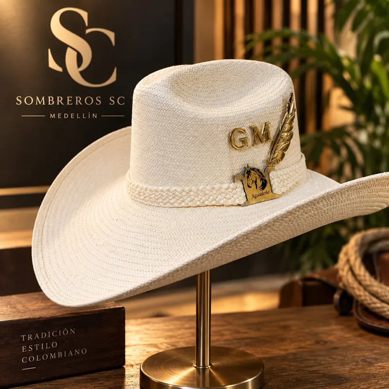 Sombrero claro tejido con letras GM doradas en la copa, una pluma dorada al costado y una placa con cabeza de caballo sobre la cinta trenzada